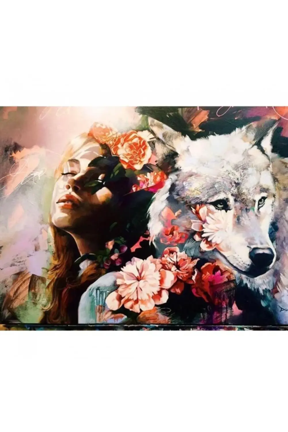 Canvas Kadın ve Kurt Sevgisi Sayılarla Boyama Seti Kasnaklı 50 x