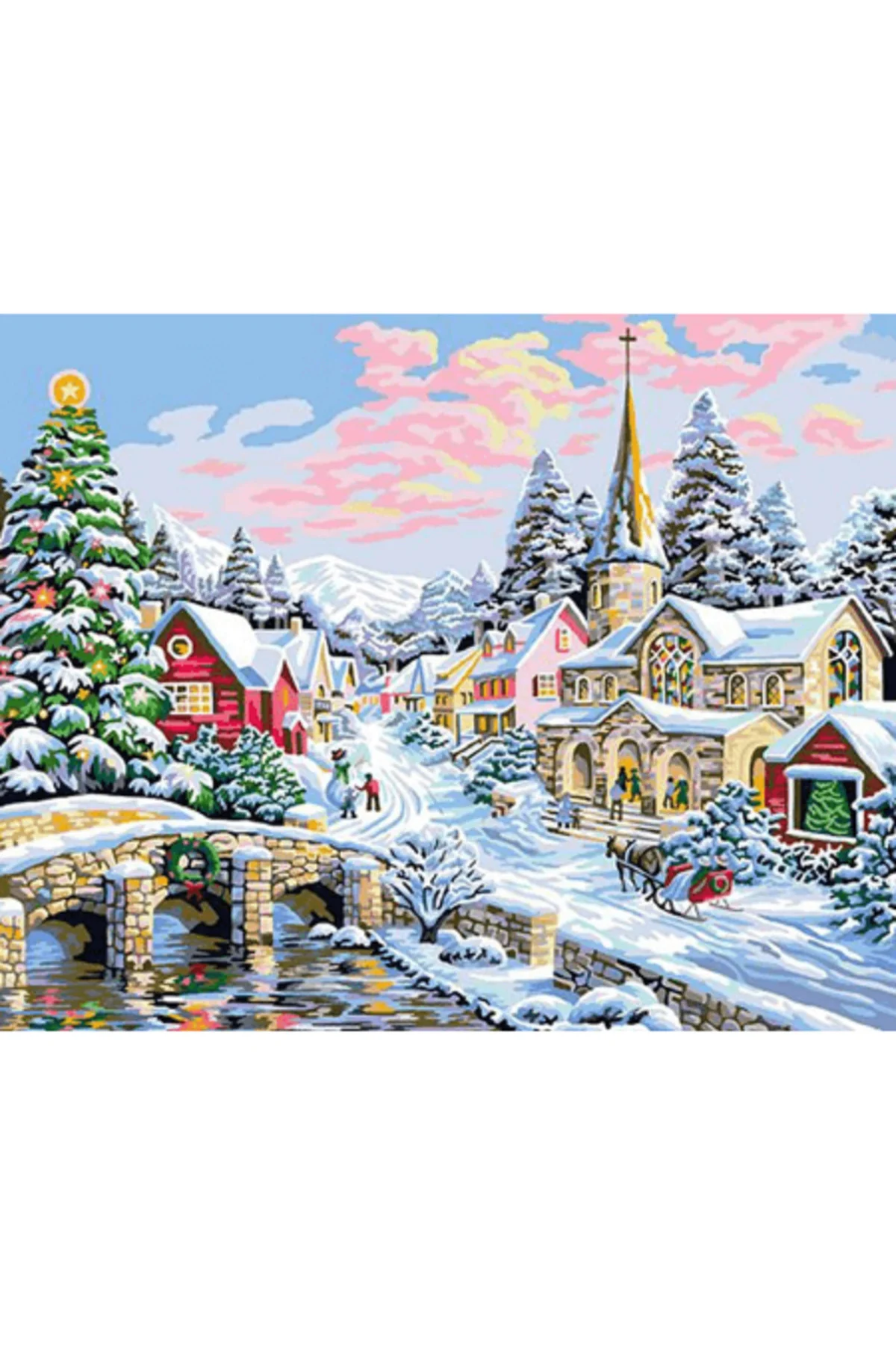 Canvas Kış Kasabası Sayılarla Boyama Seti  Kasnaklı 90 x 110 cm