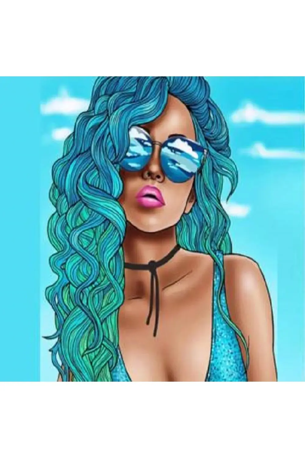 Canvas Mavi Kadın Sayılarla Boyama Seti KASNAKLI ÇERÇEVELİ