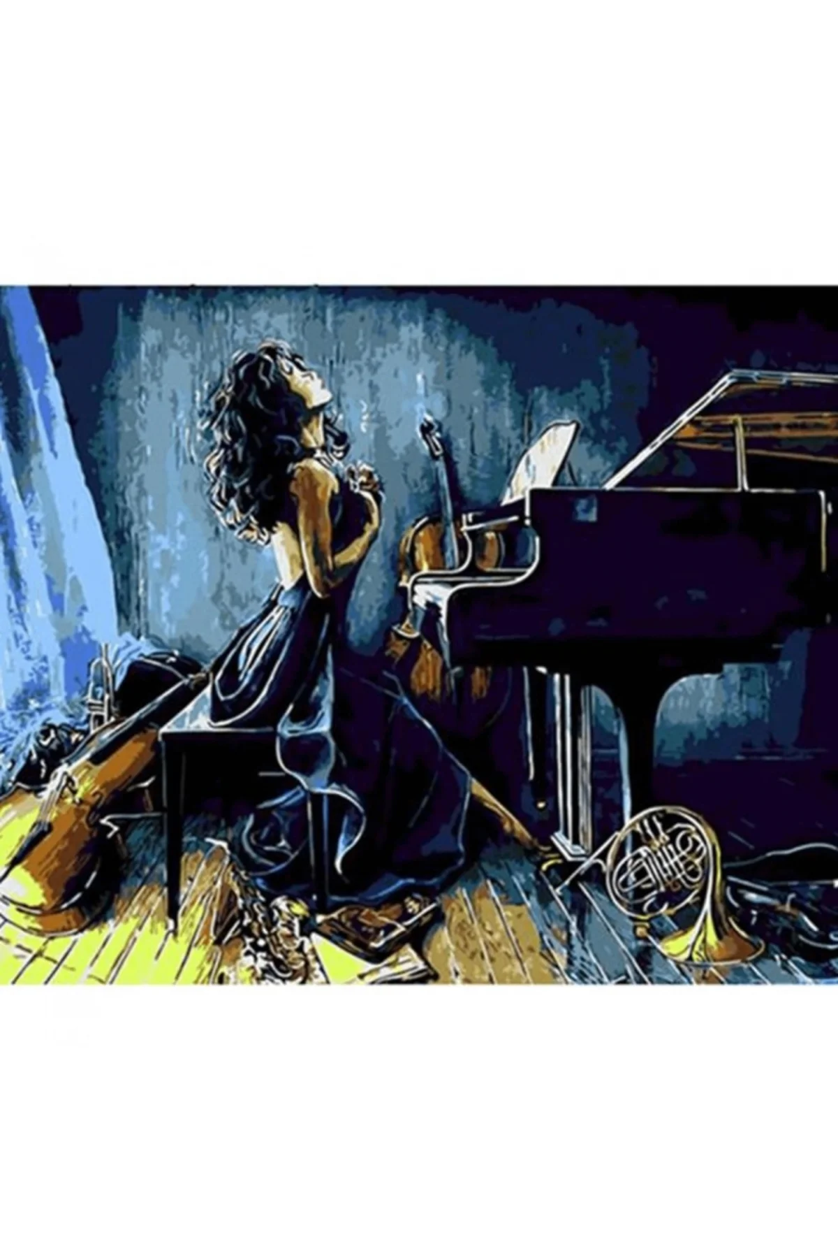 Canvas Müzik Ve Kadın Sayılarla Boyama Seti KASNAKLI DUVARA ASILA