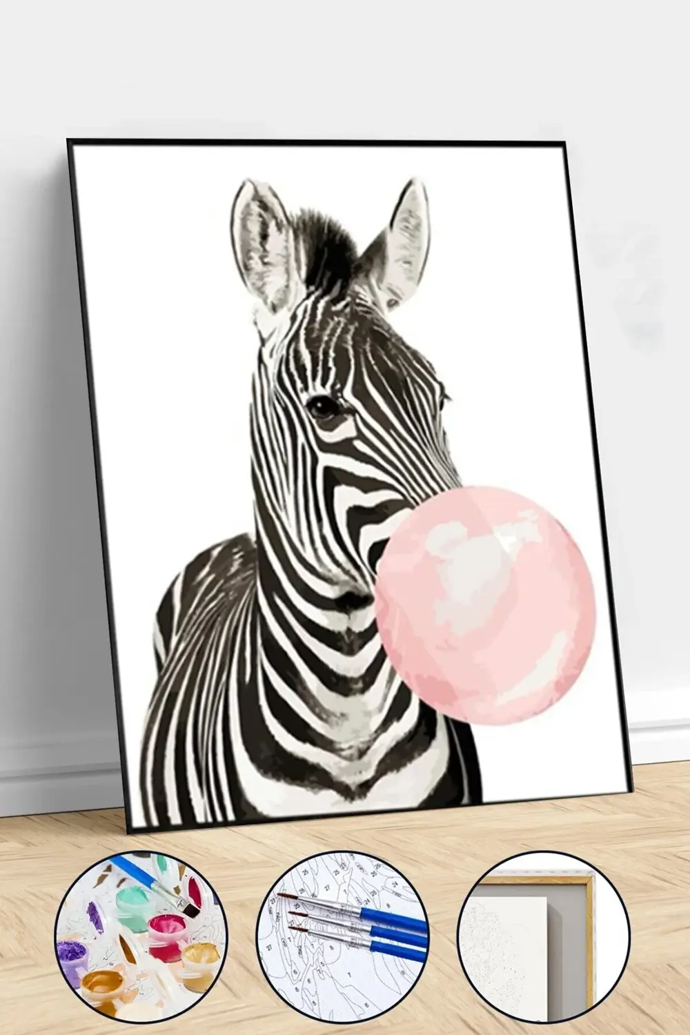 Canvas Pembe Sakız Ve Zebra Sayılarla Boyama Seti KASNAKLI DUVARA