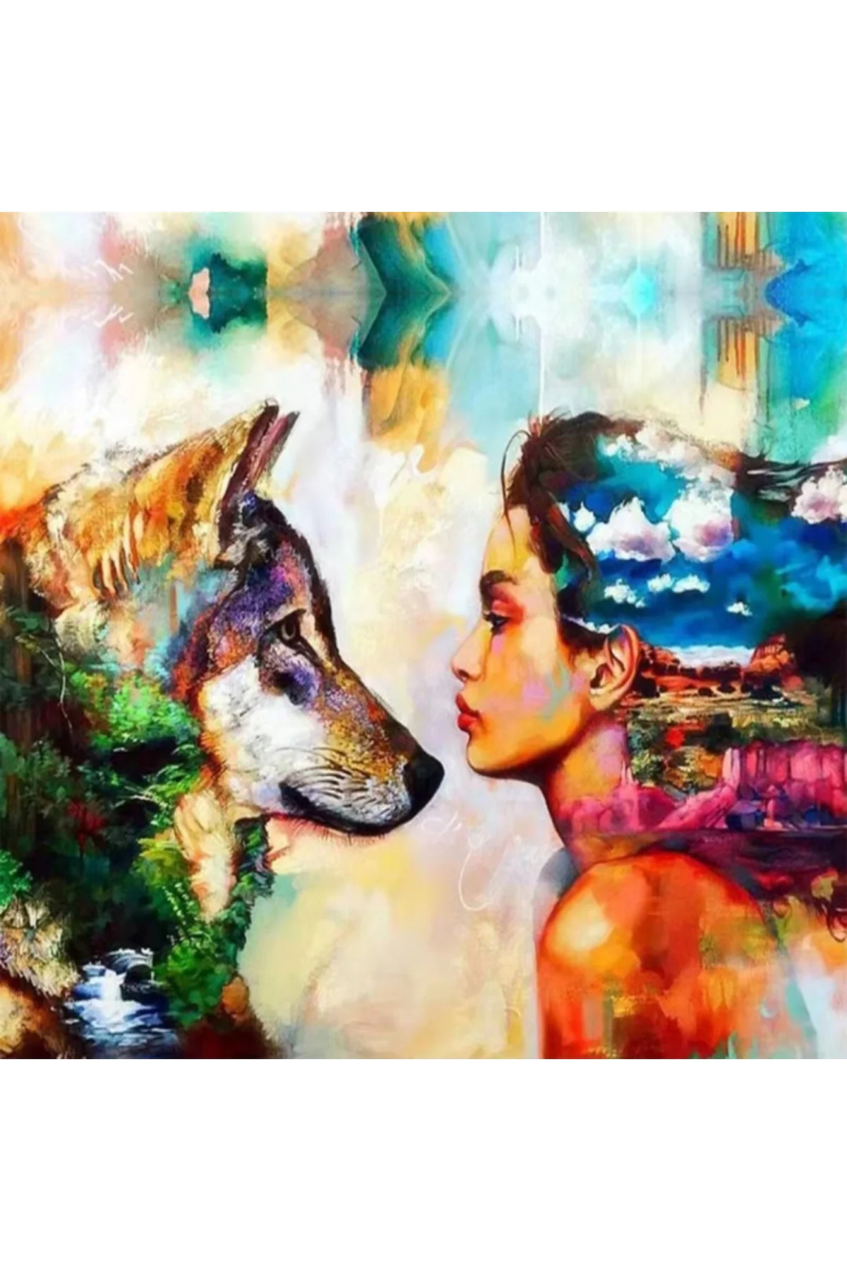 Canvas Renkli Kurt ve Kadın Sayılarla Boyama Seti Kasnaklı