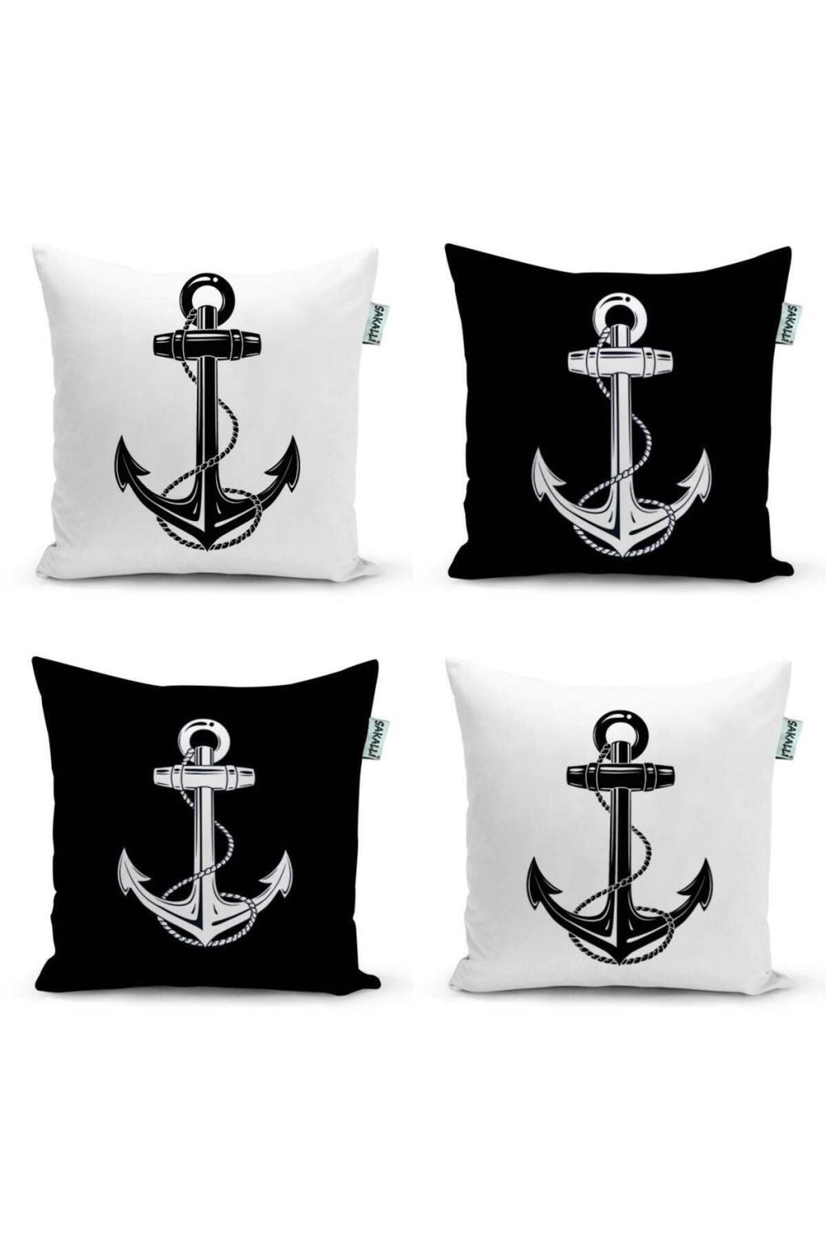 Sakallı Çapa Desen 3D Dijital Baskılı Dekoratif 4Lü Kırlent Kılıfı