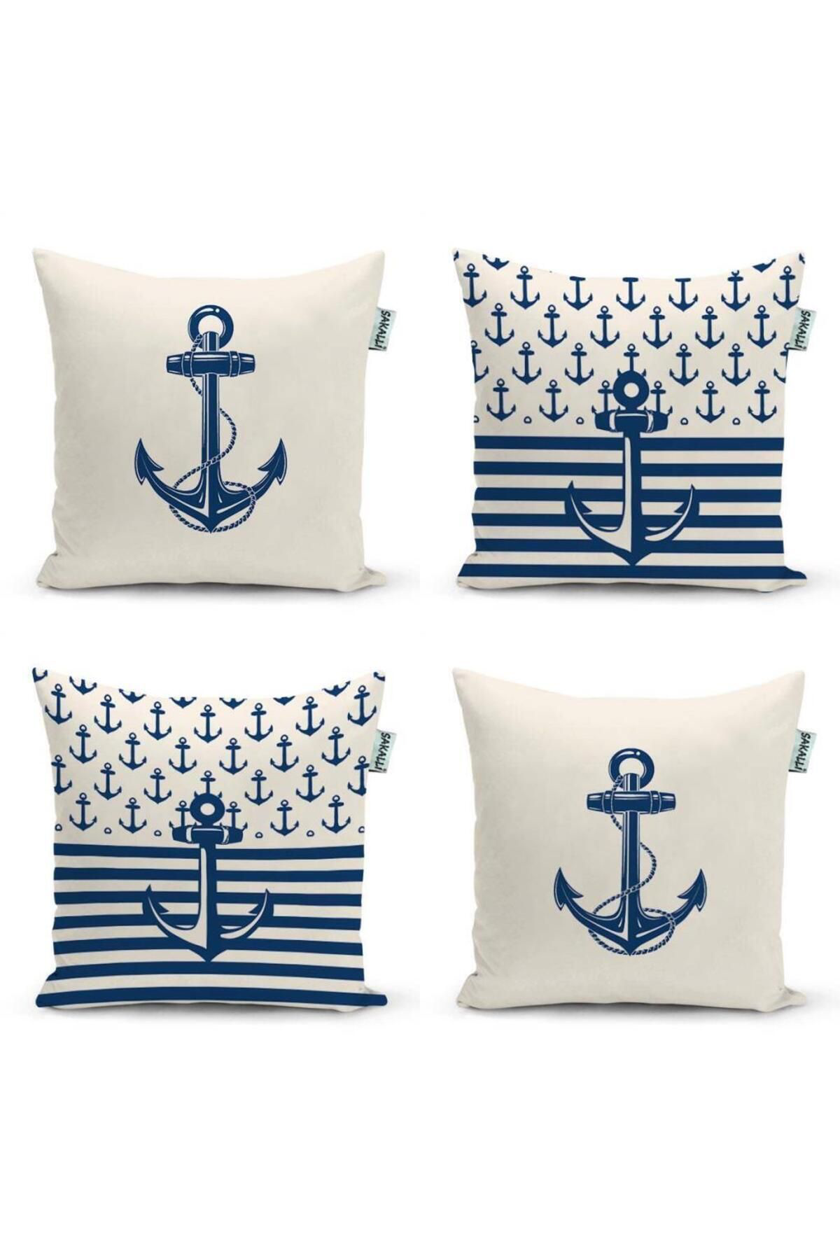 Sakallı Çapa Desen 3D Dijital Baskılı Dekoratif 4Lü Kırlent Kılıfı