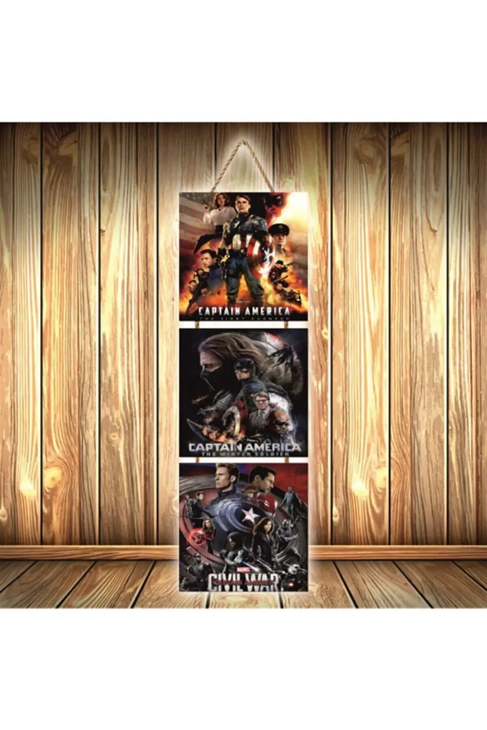 Captan America Tasarımlı Üçlü Retro Ahşap Poster Ü334