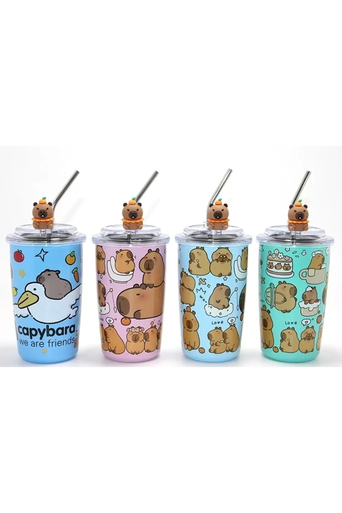 Capybara Figürlü Isı Muhafazalı Metal Pipetli Paslanmaz Çelik Kup
