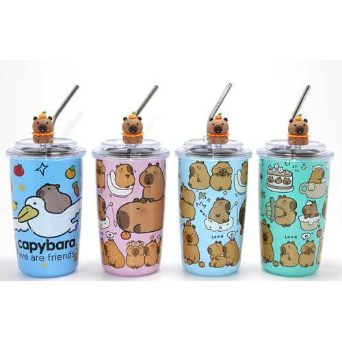 Capybara Figürlü Isı Muhafazalı Metal Pipetli Paslanmaz Çelik Kup