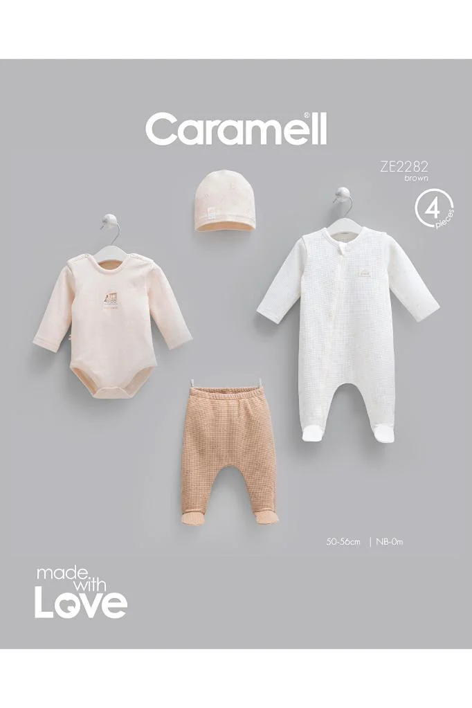 Caramell %100 Pamuk 4lü Tulumlu Mini Travel Set 0-3 Ay 50-56 cm Kahve CRML.ZE2282.KAHV