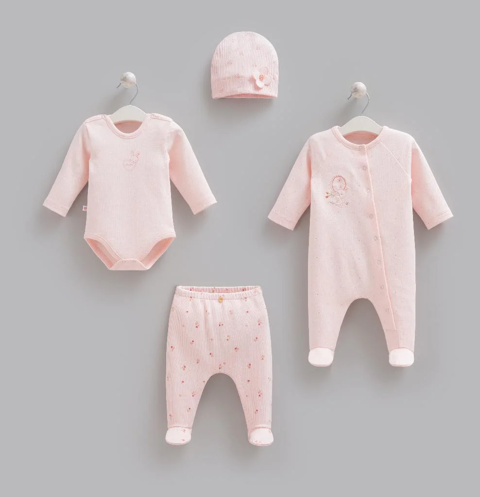 Caramell %100 Pamuk 4lü Tulumlu Rose Bonny Set 0-3 Ay 50-56 cm Pembe CRML.ZK2525.PMB