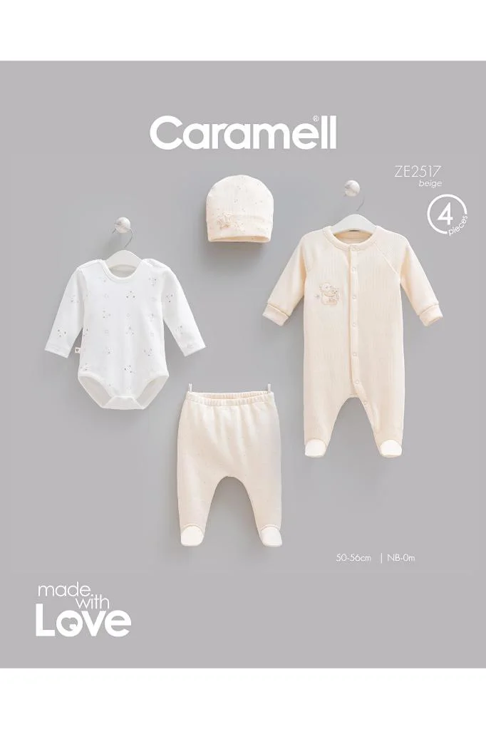 Caramell %100 Pamuk 4lü Tulumlu Teddy Bear Set 0-3 Ay 50-56 cm Bej CRML.ZE2517.BEJ