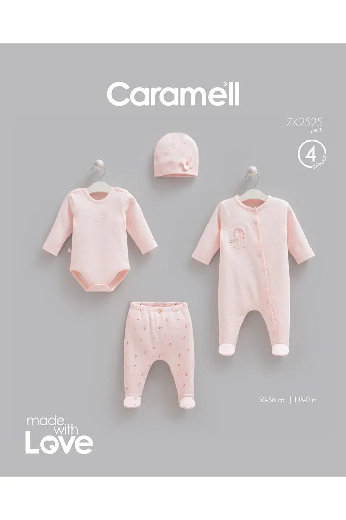 Caramell %100 Pamuk 4lü Tulumlu Very Nice Set 0-3 Ay 50-56 cm Pembe CRML.ZK2510.PMB