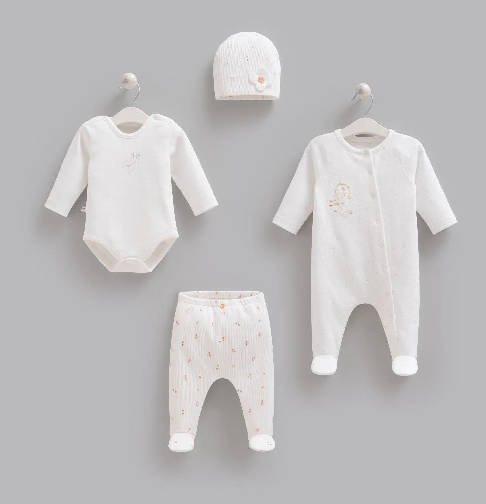Caramell %100 Pamuk 4lü Tulumlu Rose Bonny Set 0-3 Ay 50-56 cm Ekru CRML.ZK2525.EKR