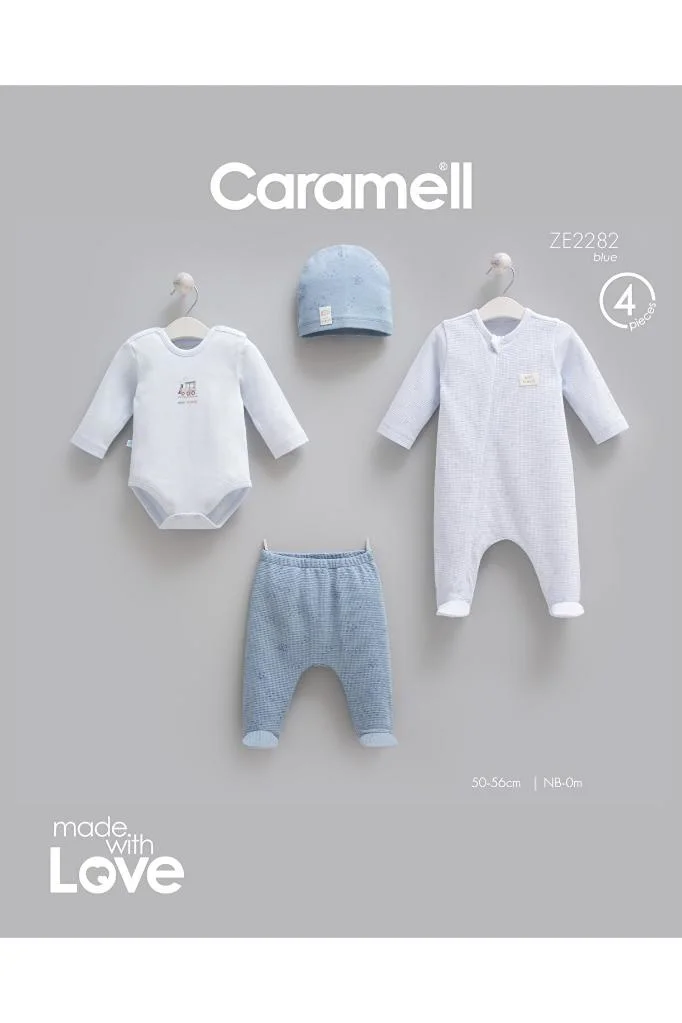 Caramell %100 Pamuk 4lü Tulumlu Mini Travel Set 0-3 Ay 50-56 cm İndigo CRML.ZE2282.İNDG
