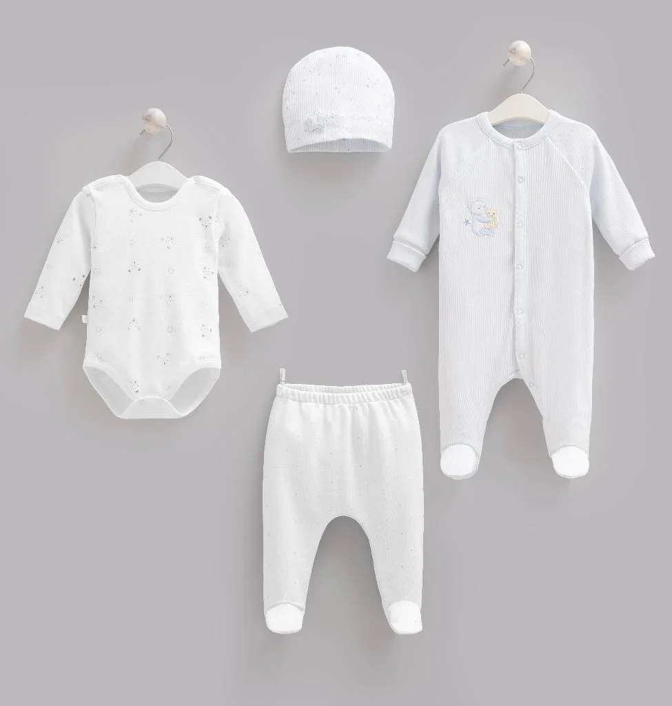 Caramell %100 Pamuk 4lü Tulumlu Teddy Bear Set 0-3 Ay 50-56 cm Mavi CRML.ZE2517.MVİ