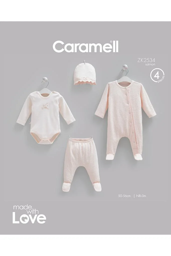 Caramell %100 Pamuk Fashion Girl Body ve Pantolon 4'lü set 50-62 cm 0-3 Ay Somon CRML.SMN.BPK2264