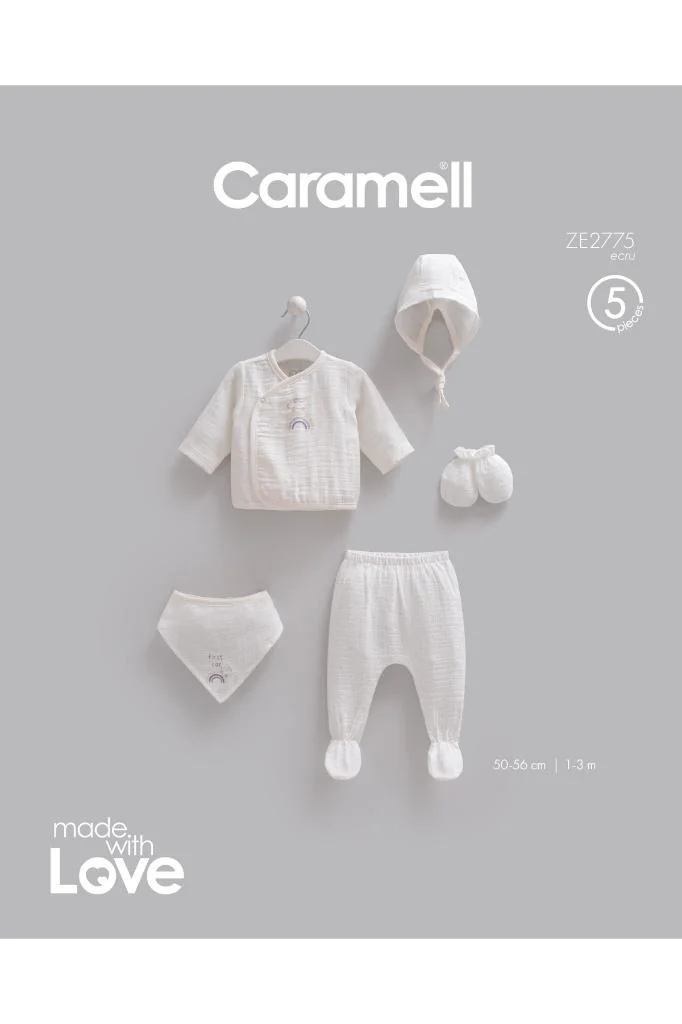 Caramell %100 Pamuk Fashion Girl Body ve Pantolon 4'lü set 50-62 cm 0-3 Ay Ekru CRML.EKR.BPK2264