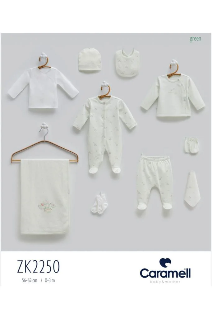 Caramell %100 Pamuk Love Time 10 Parça Hastane Çıkışı Zıbın Seti Yeşil CRML.ZK2250.YSL
