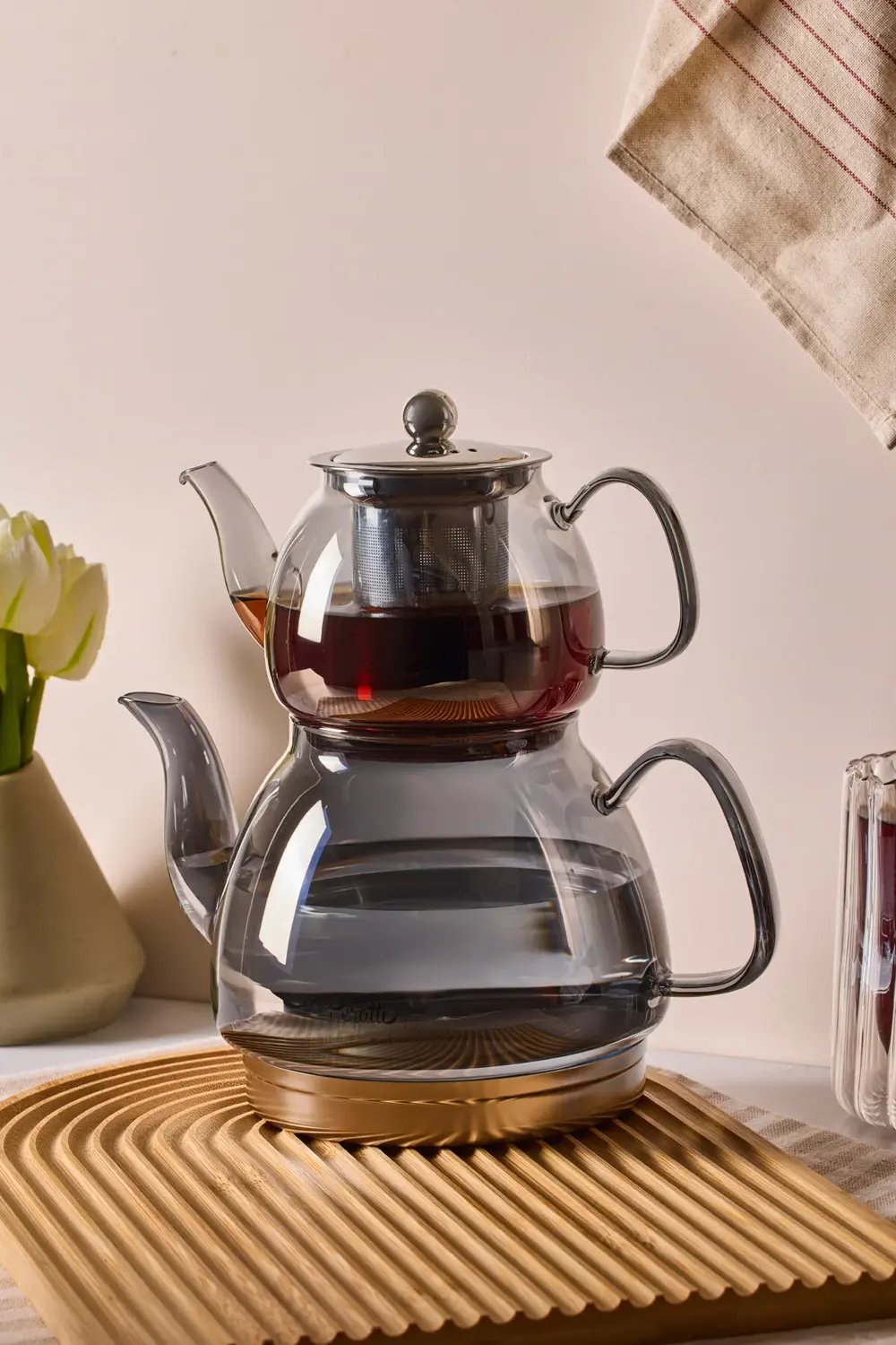 Carlo Füme Indüksiyon Tabanlı Borosilikat Cam Çaydanlık Takımı 50