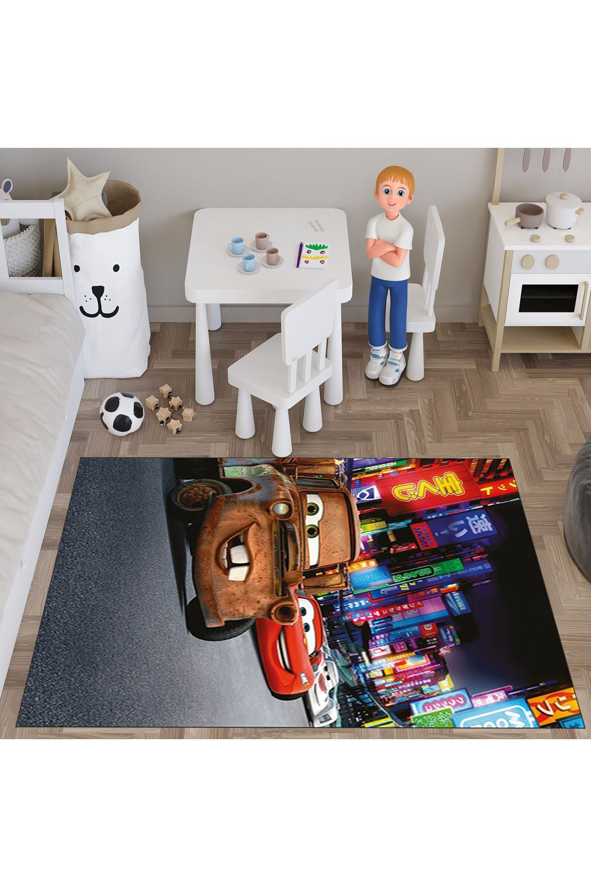 Evan Home Cars Desenli Çocuk Odasi Takim Perde (İki Kanat),Yatak Örtüsü,Yastik,Kirlent ,Hali,Tablo