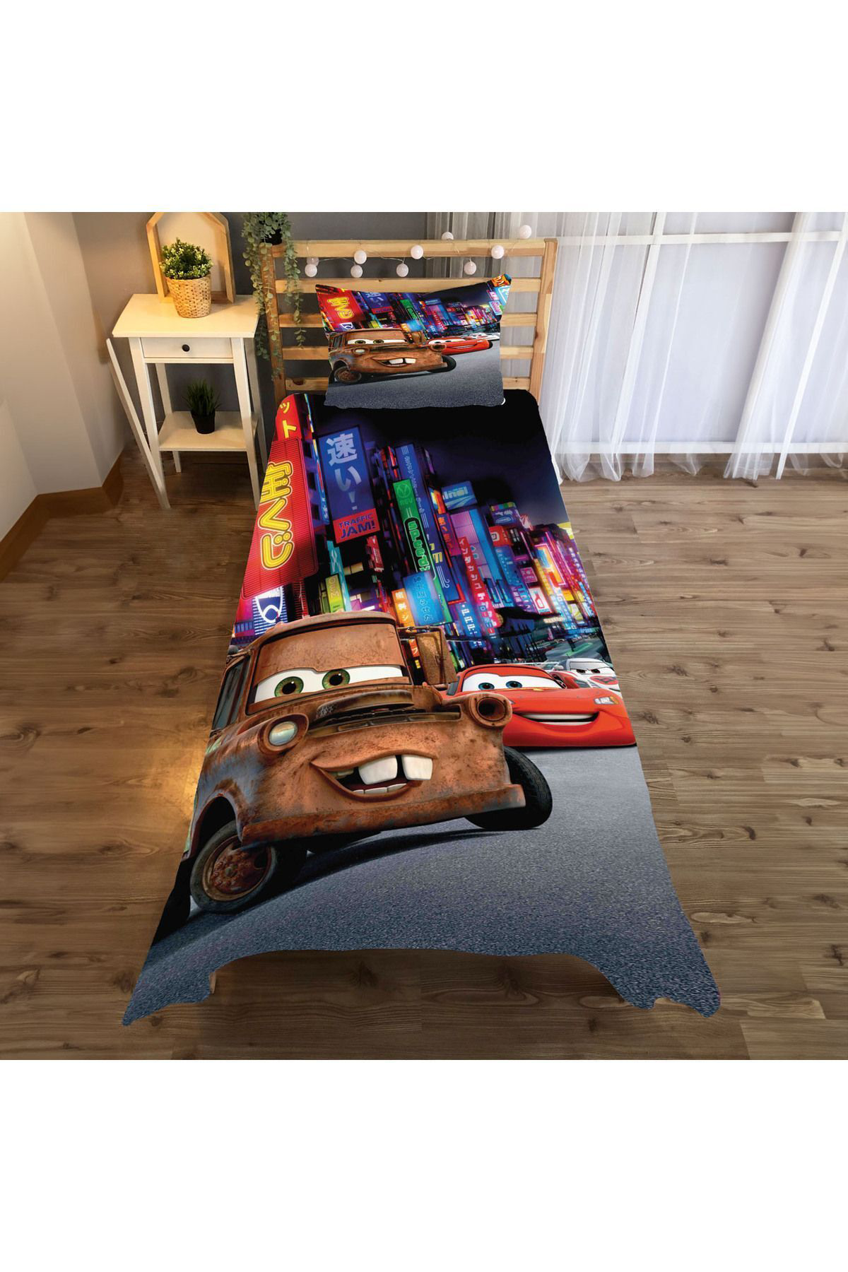 Evan Home Cars Desenli Çocuk Odasi Takim Perde (İki Kanat),Yatak Örtüsü,Yastik,Kirlent ,Hali,Tablo