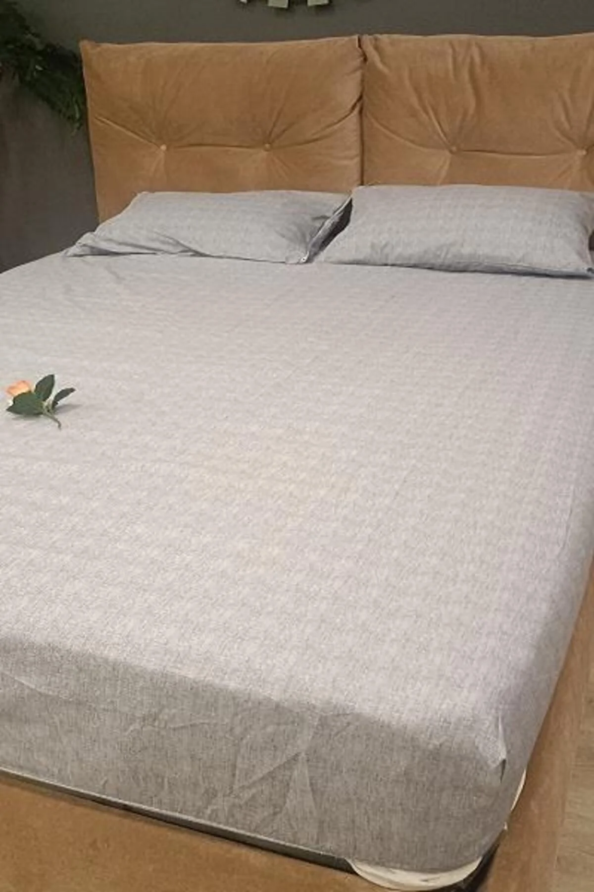 Çarşaf 90298 Fıtted Çift Kişi Keten Tarzı Pamuk Kumaş 2Yastık Kılıflı açık Gri - Görsel 5