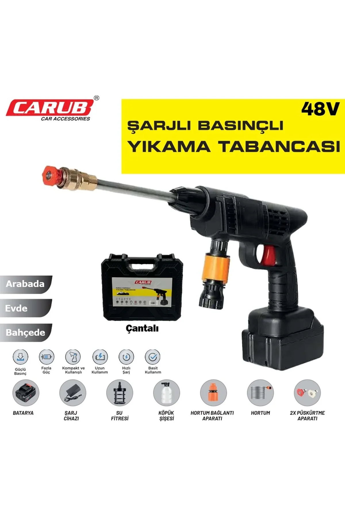 Carub Oto Yıkama Tabancası Şarjlı Basınçlı Tek Batarya 12v