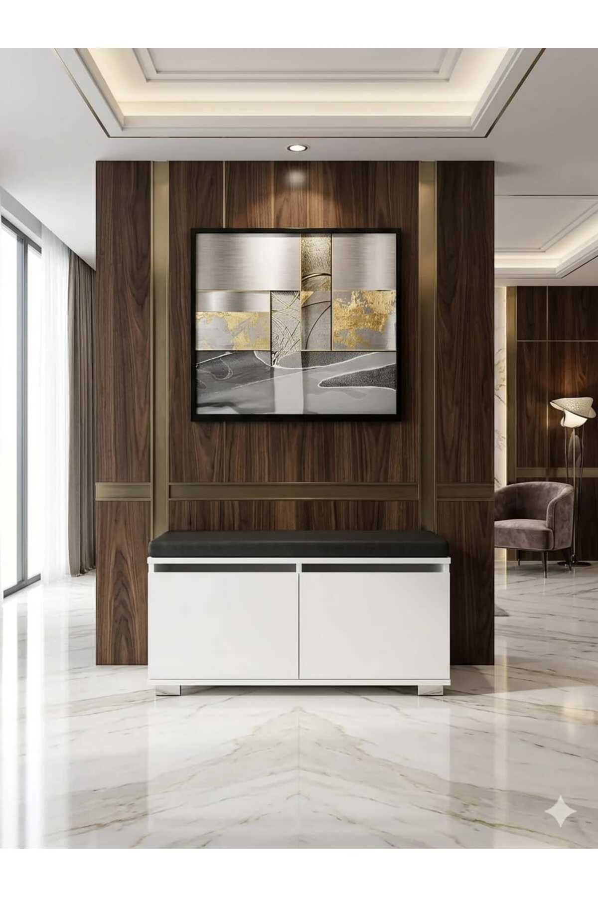 CASTELLO 80 cm Minderli Oturaklı Ayakkabılık|2 Kapaklı Beyaz Ayak