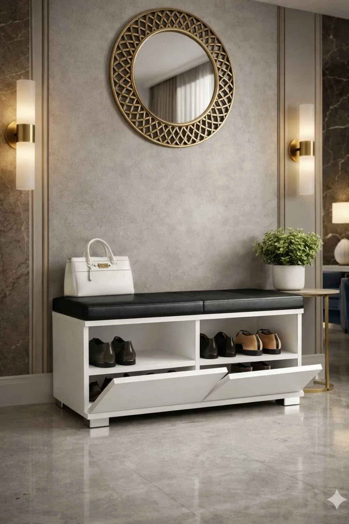 CASTELLO 80 cm Minderli Oturaklı Ayakkabılık|2 Kapaklı Beyaz Ayak