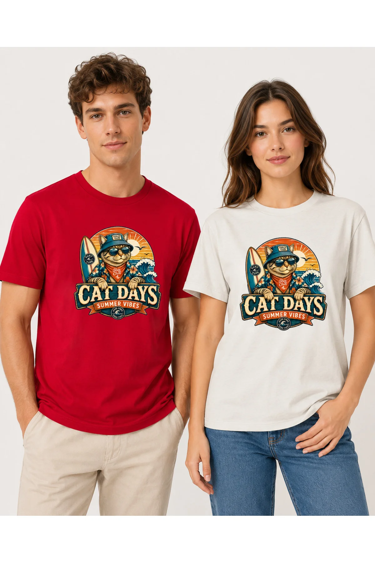 Cat Days Summer Vibes Unisex Kedi Baskılı Yaz Temalı Regular Bisiklet Yaka Pamuklu T-Shirt
