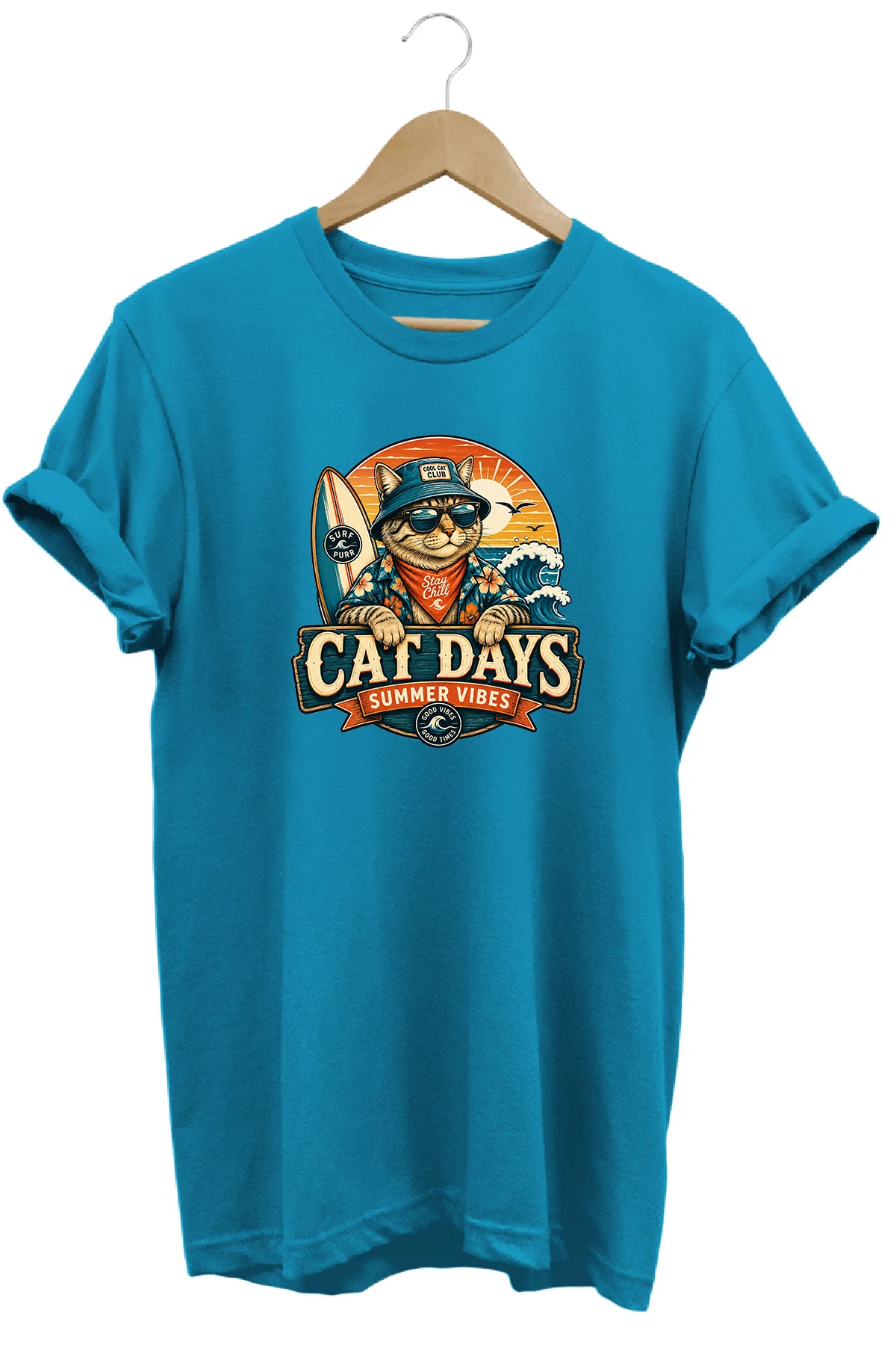 Cat Days Summer Vibes Unisex Kedi Baskılı Yaz Temalı Regular Bisiklet Yaka Pamuklu T-Shirt