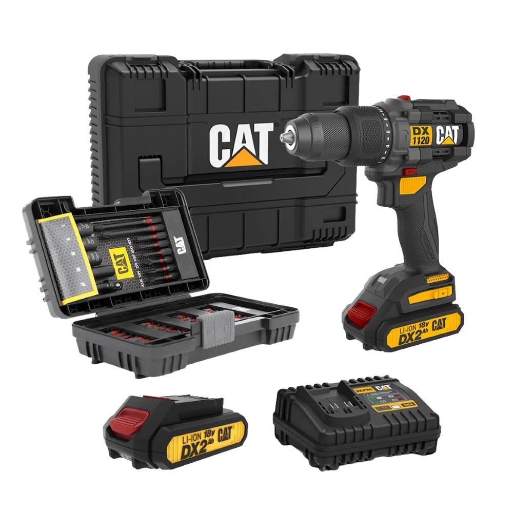 CAT DX1120 18Volt/2.0Ah Li-ion Çift Akülü Kömürsüz Profesyonel Şarjlı Darbeli Matkap + DA01902 45 Parça Vidalama Uç Seti