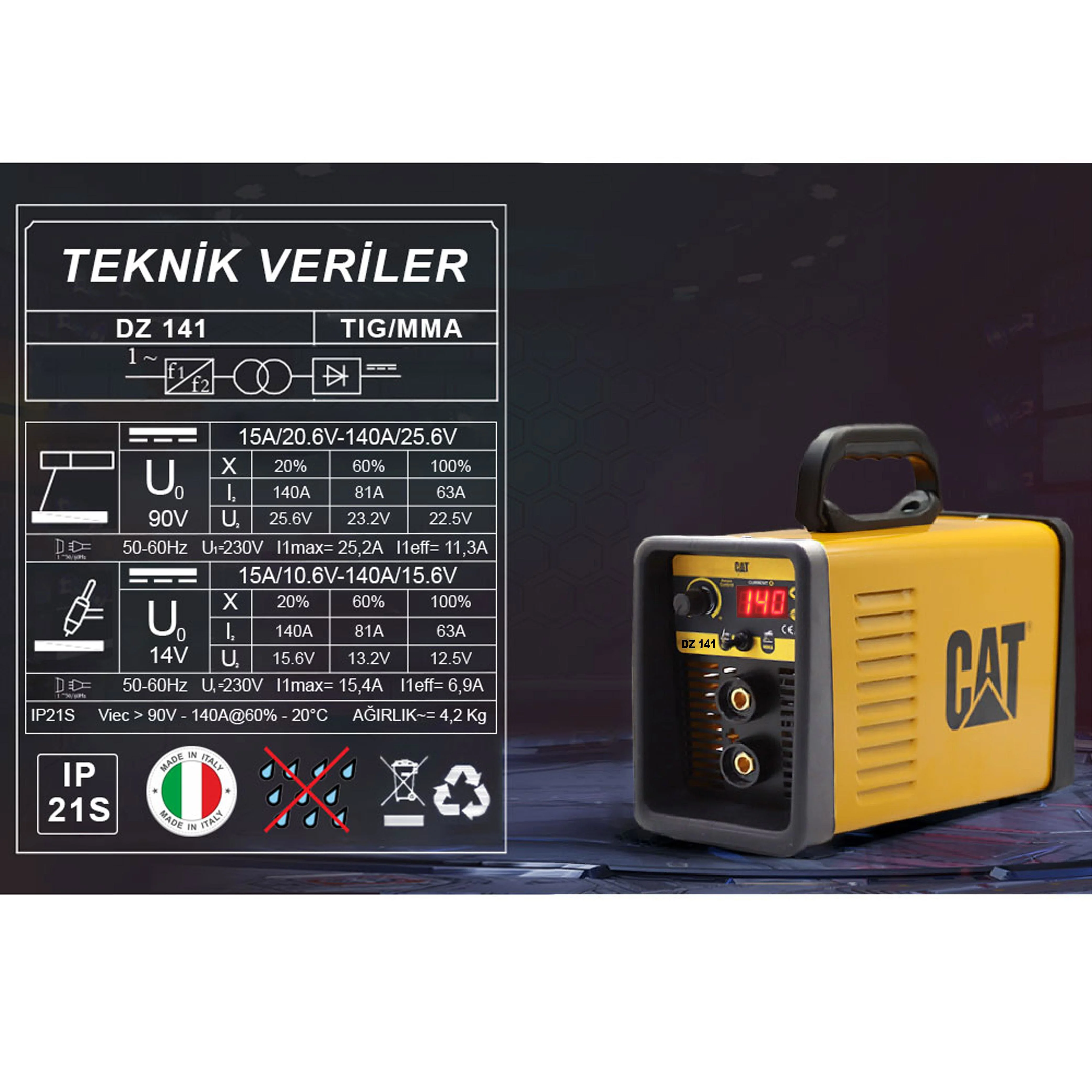 CAT DZ141 140 Amper TIG LIFT/MMA Çanta Tipi Profesyonel Dijital İnverter Kaynak Makinesi CAT DZ141 140 Amper TIG LIFT/MMA Çanta Tipi Profesyonel Dijital İnverter Kaynak Makinesi