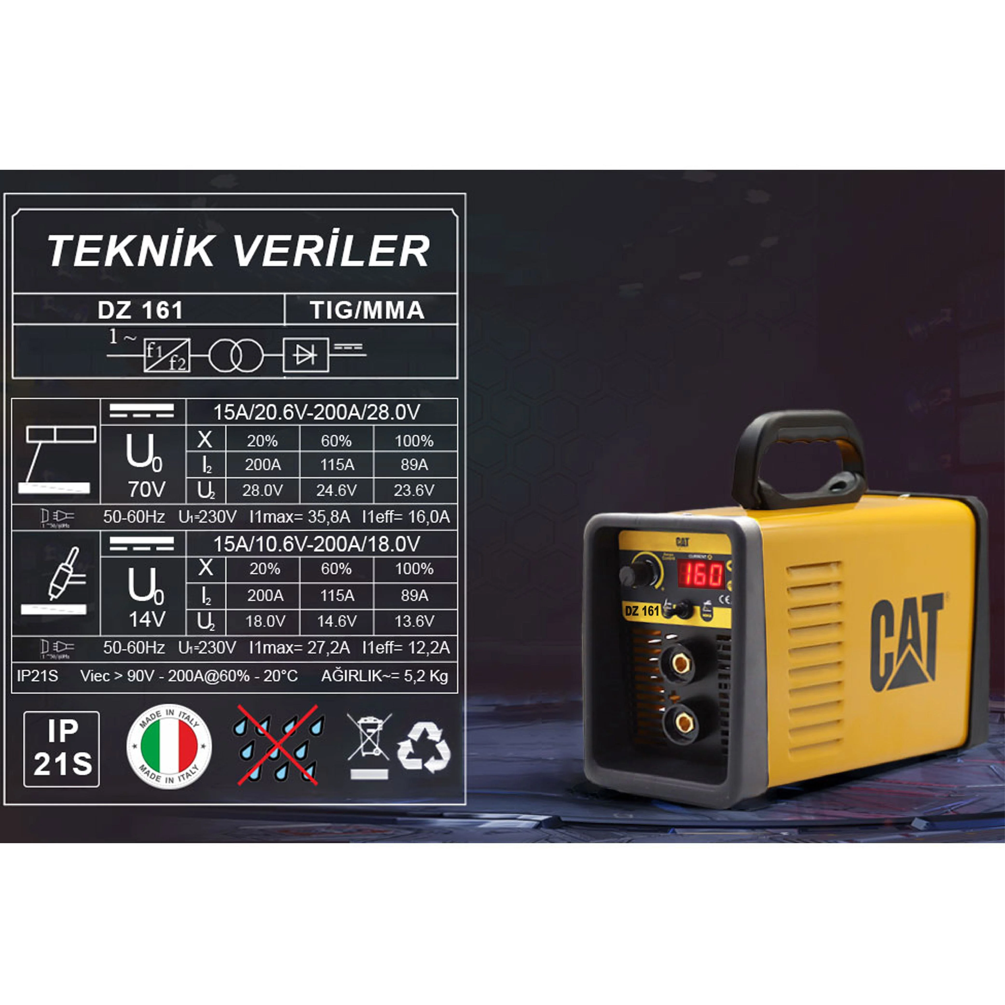 CAT DZ161T 160 Amper TIG LIFT/MMA Çanta Tipi Profesyonel Dijital İnverter Kaynak Makinesi + CAT DX37 Avuç Taşlama CAT DZ161T 160 Amper TIG LIFT/MMA Çanta Tipi Profesyonel Dijital İnverter Kaynak Makinesi + CAT DX37 Avuç Taşlama