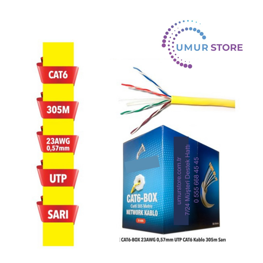 Cat6-Box 23AWG 0,57MM Utp Cat6 Kablo 305M Sarı