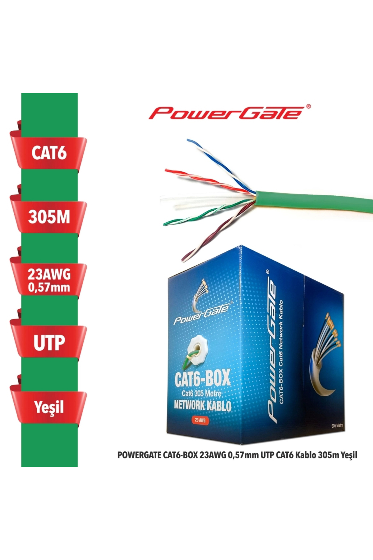 Cat6-box-gn, 23awg 0,57mm, Utp, Cat6 Kablo, 305m, Yeşil