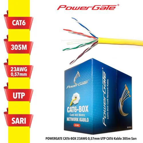 CAT6-BOX-YL, 23AWG, 0,57mm, UTP, CAT6 Kablo, 305m, Sarı Fiyatı, Yorumları ve Özellikleri