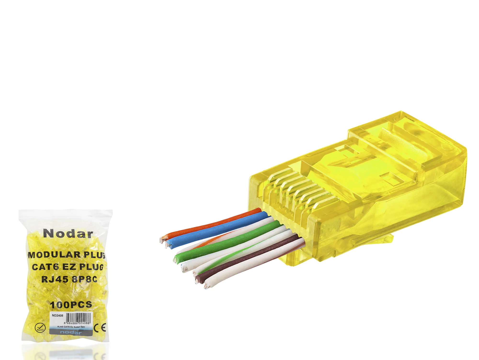 Cat6 Ez Rj45 Konnektör - 100 Adet Sari / Ekonomik Poşet Paket ND2408