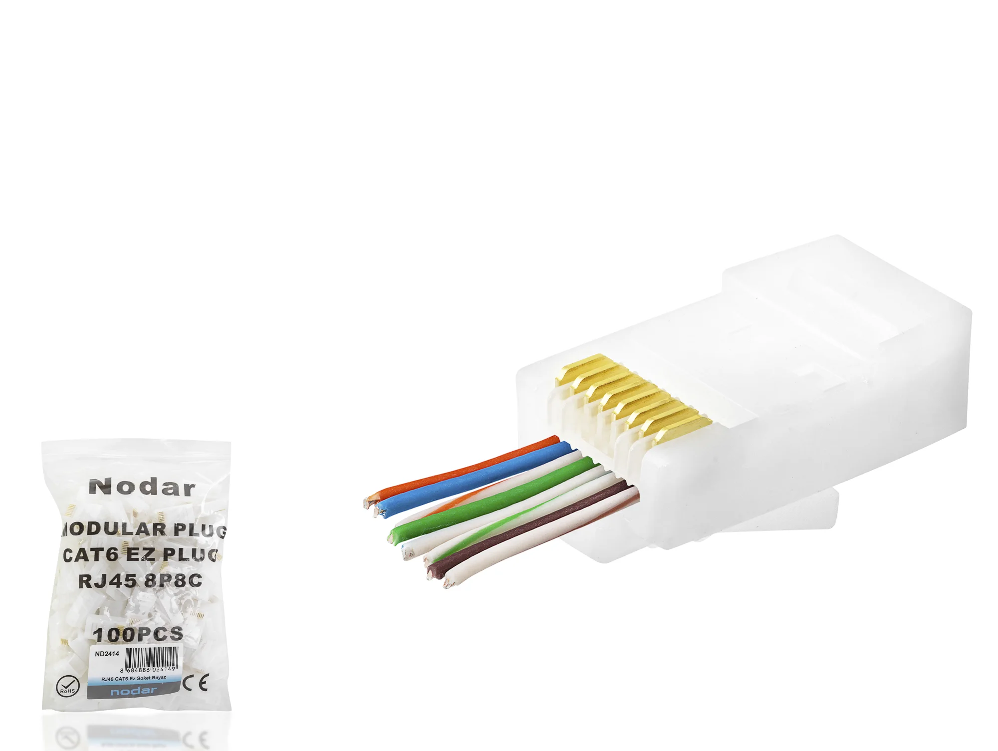 Cat6 Ez Rj45 Konnektör - 100 Adet Beyaz / Ekonomik Poşet Paket ND2414