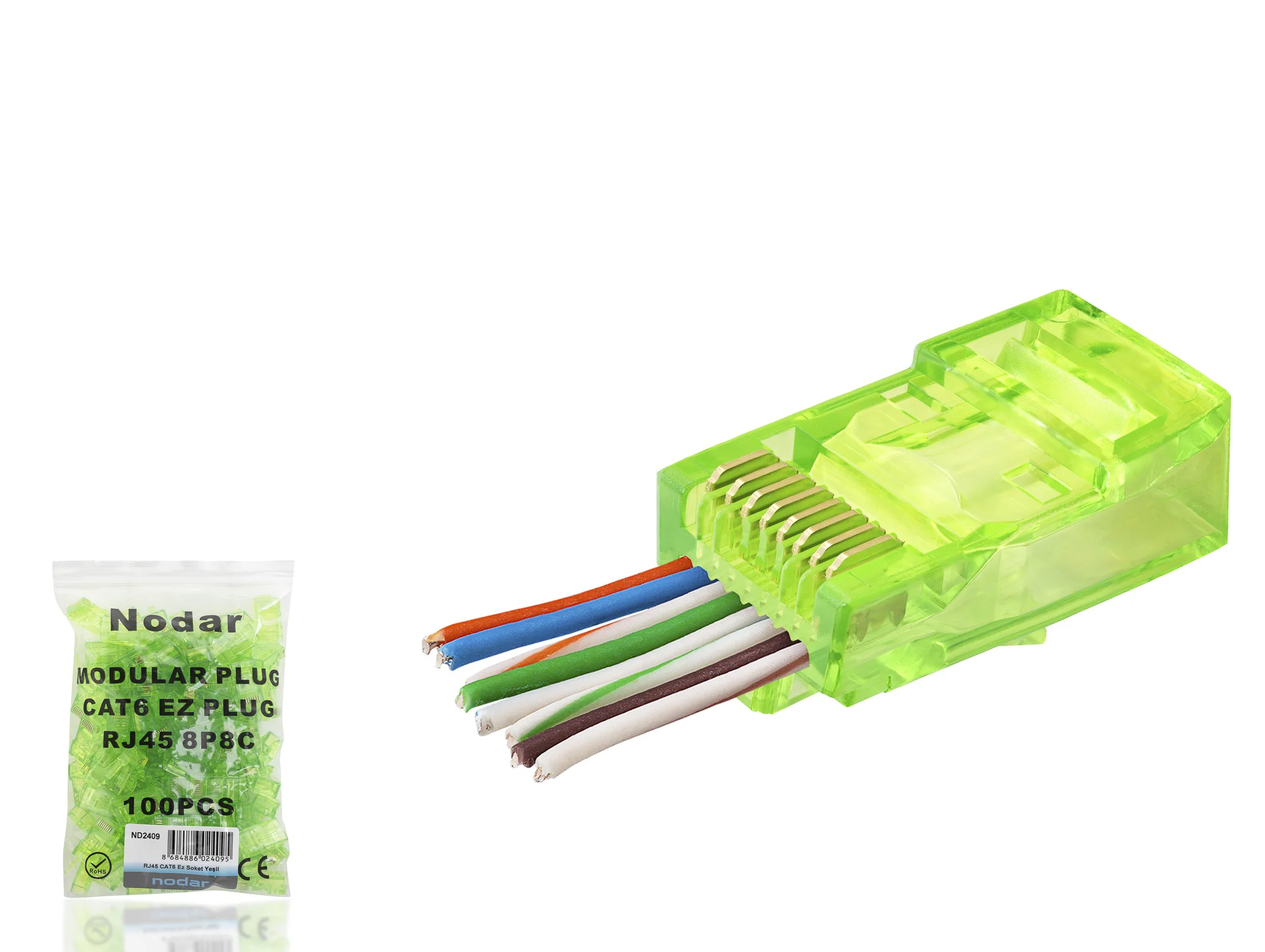 Cat6 Ez Rj45 Konnektör - 100 Adet Yeşil / Ekonomik Poşet Paket ND2409