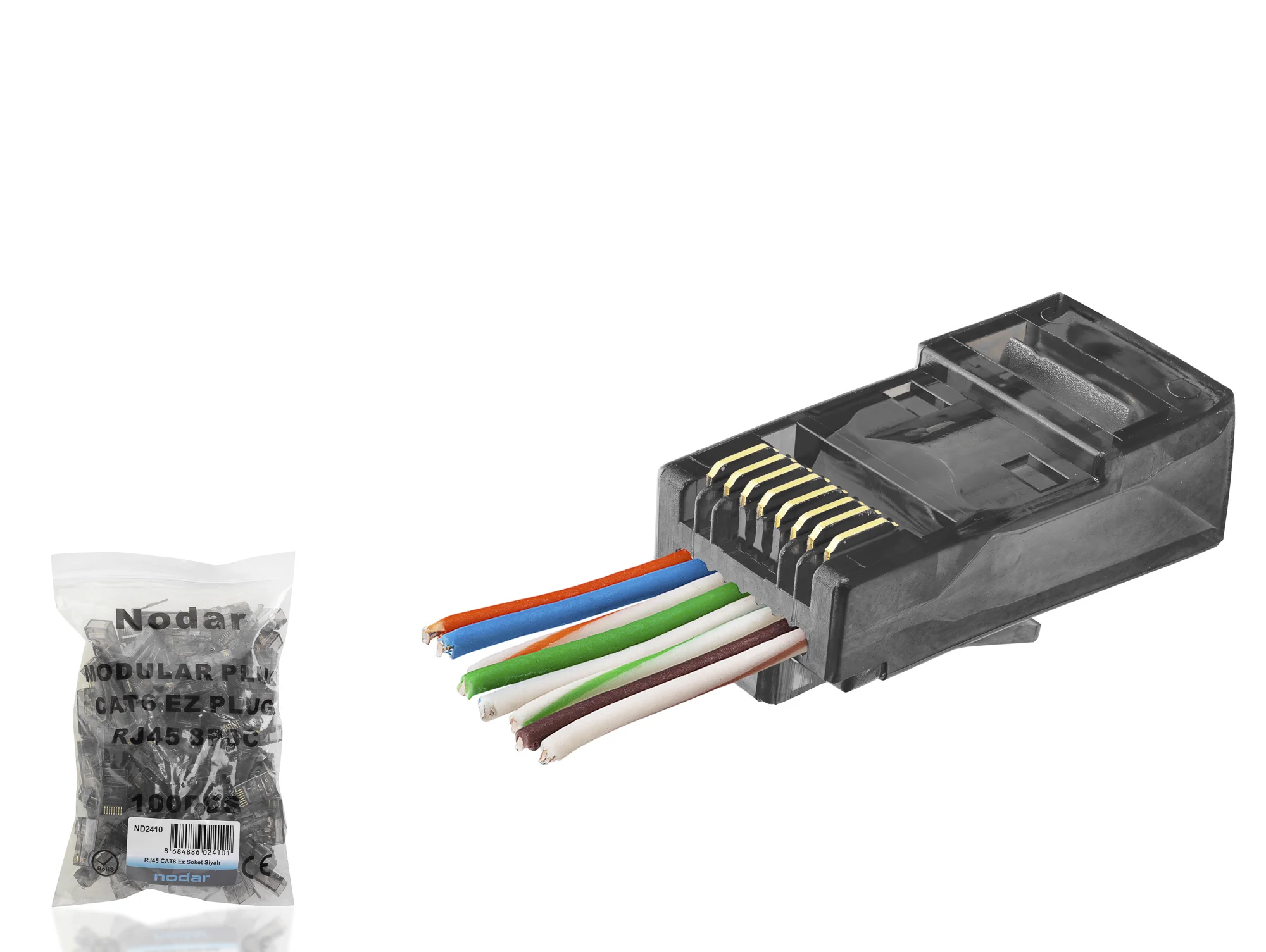 Cat6 Ez Rj45 Konnektör - 100 Adet Siyah / Ekonomik Poşet Paket ND2410