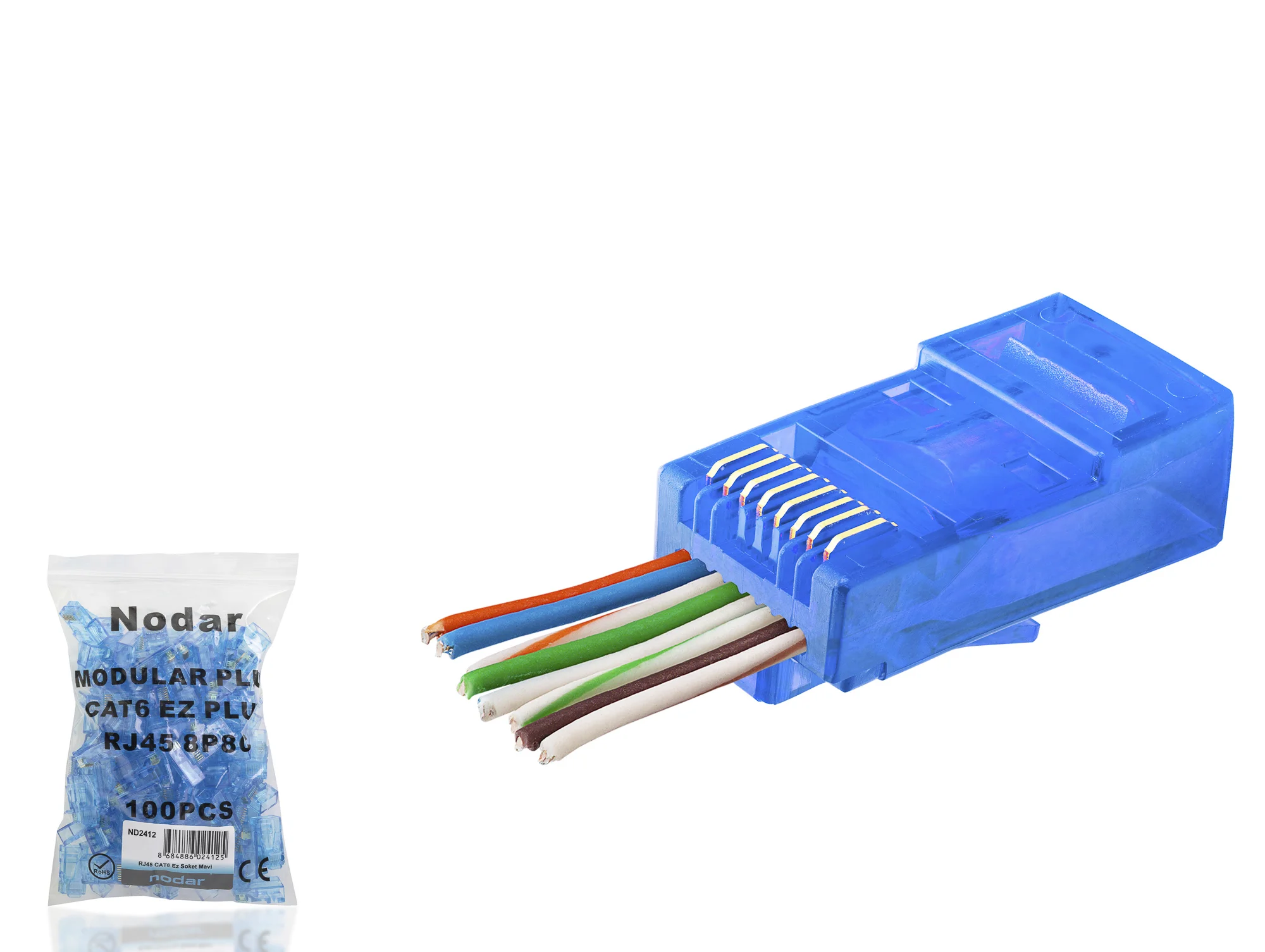 Cat6 Ez Rj45 Konnektör - 100 Adet Mavi / Ekonomik Poşet Paket ND2