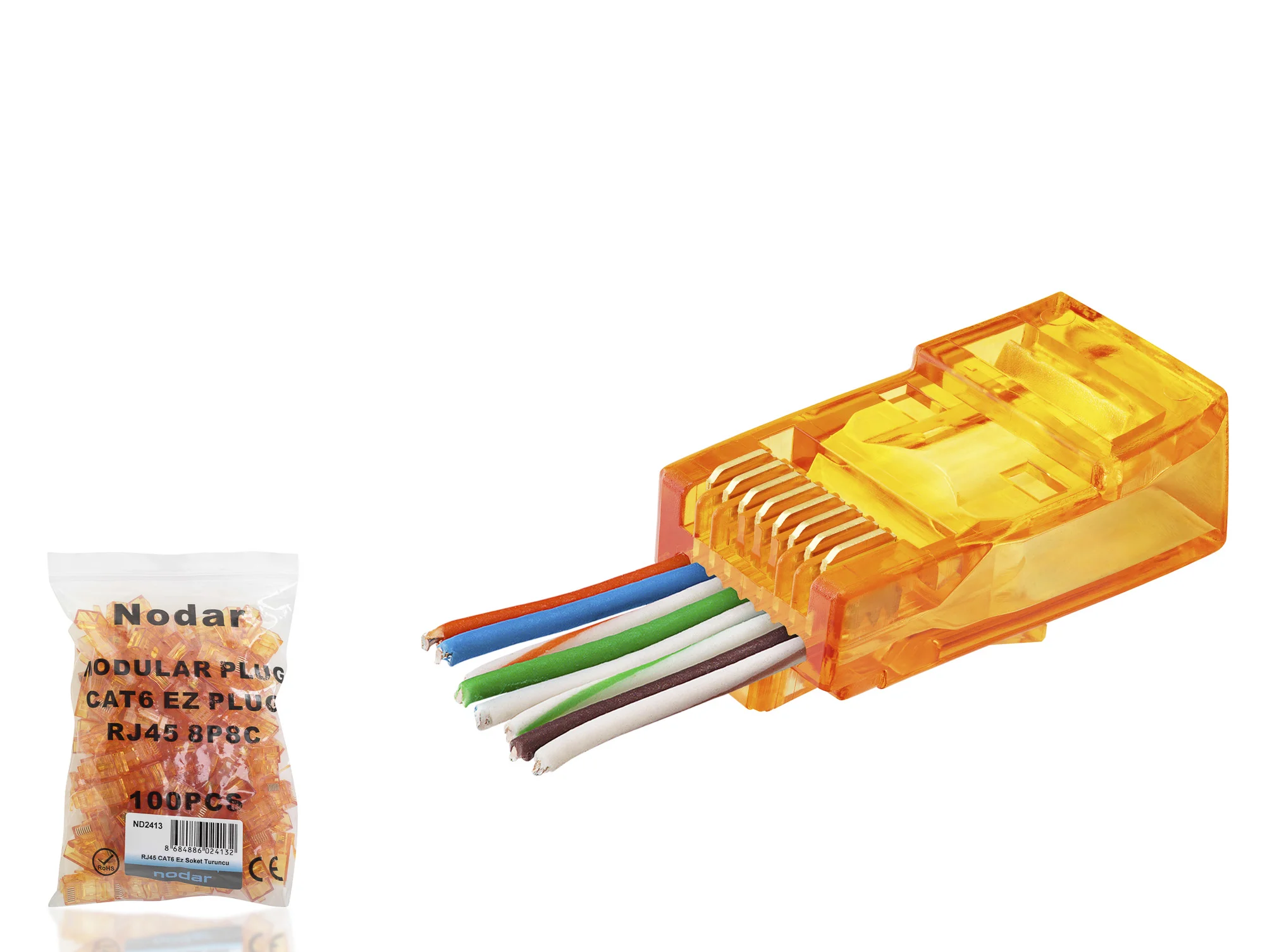 Cat6 Ez Rj45 Konnektör - 100 Adet Turuncu / Ekonomik Poşet Paket 