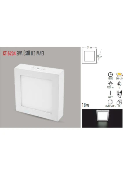 CATA 18W CT-5234 18W SIVA ÜSTÜ LED ARMATÜR KARE