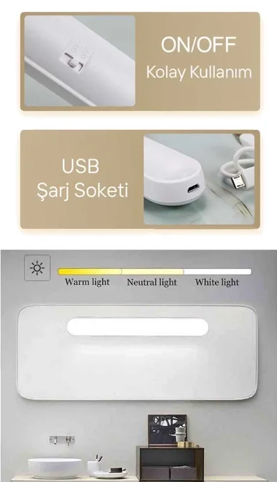 CATA CT 5249 Beyaz Kasa 3W Şarjlı Led Aplik Dokunmatik 3 Renk Mod