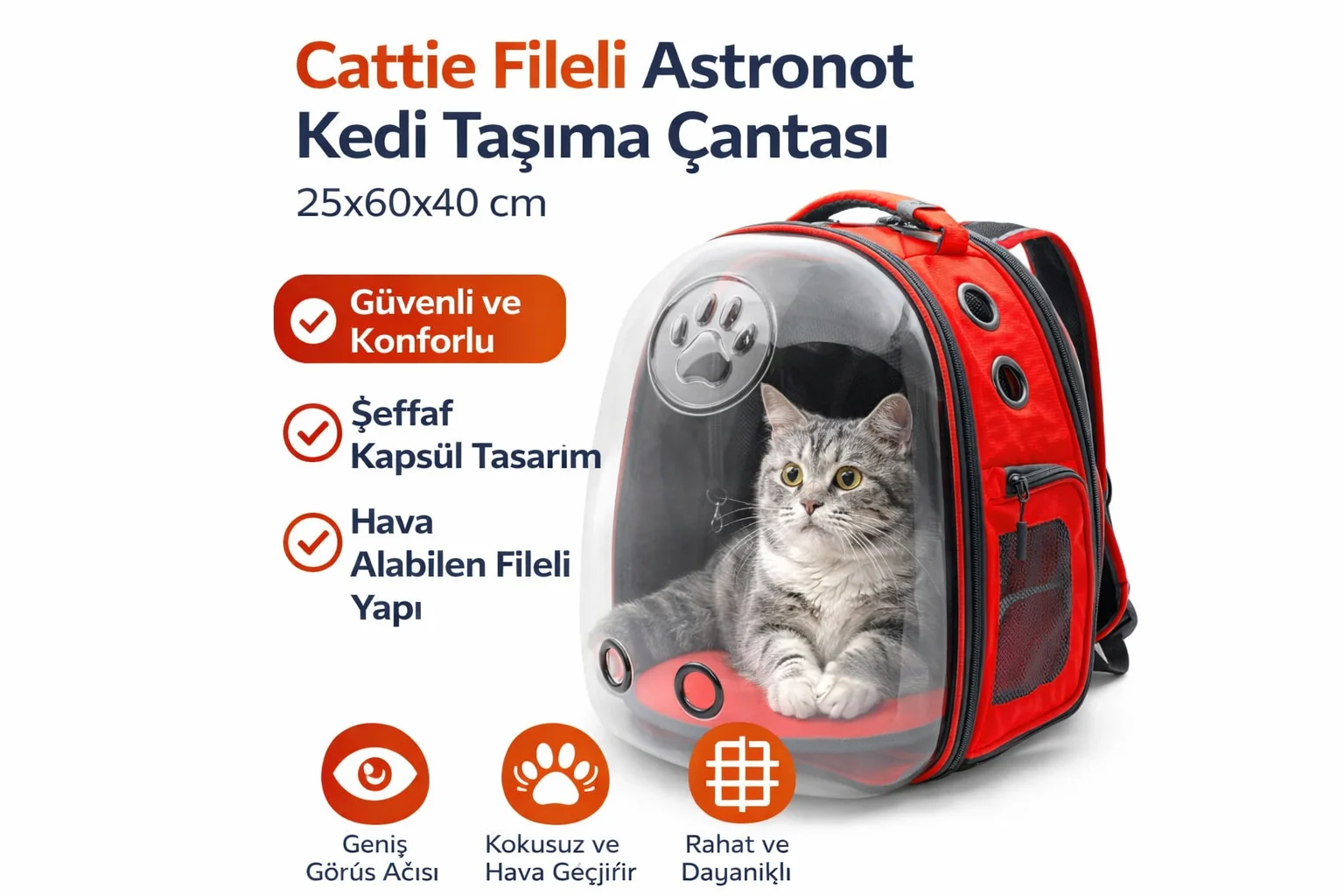 Cattie Fileli Astronot Kedi Taşıma Çantası 25x60x40cm Kırmızı Cattie Fileli Astronot Kedi Taşıma Çantası 25x60x40cm Kırmızı