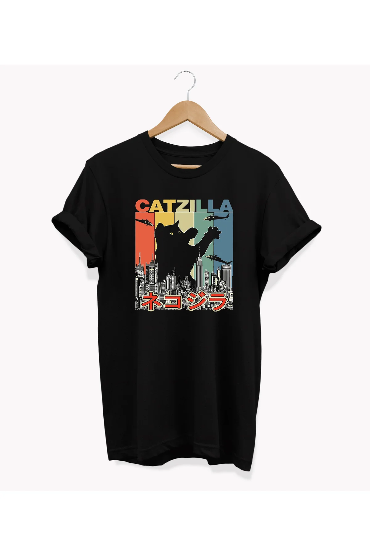 , Catzilla Baskılı, %100 Pamuk, Bisiklet Yaka, Oversize T-shirt, 