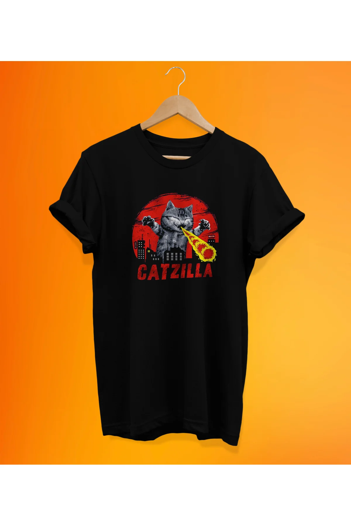 Catzilla Baskılı Siyah, %100 Pamuk Basic (Normal Beden) T-Shirt