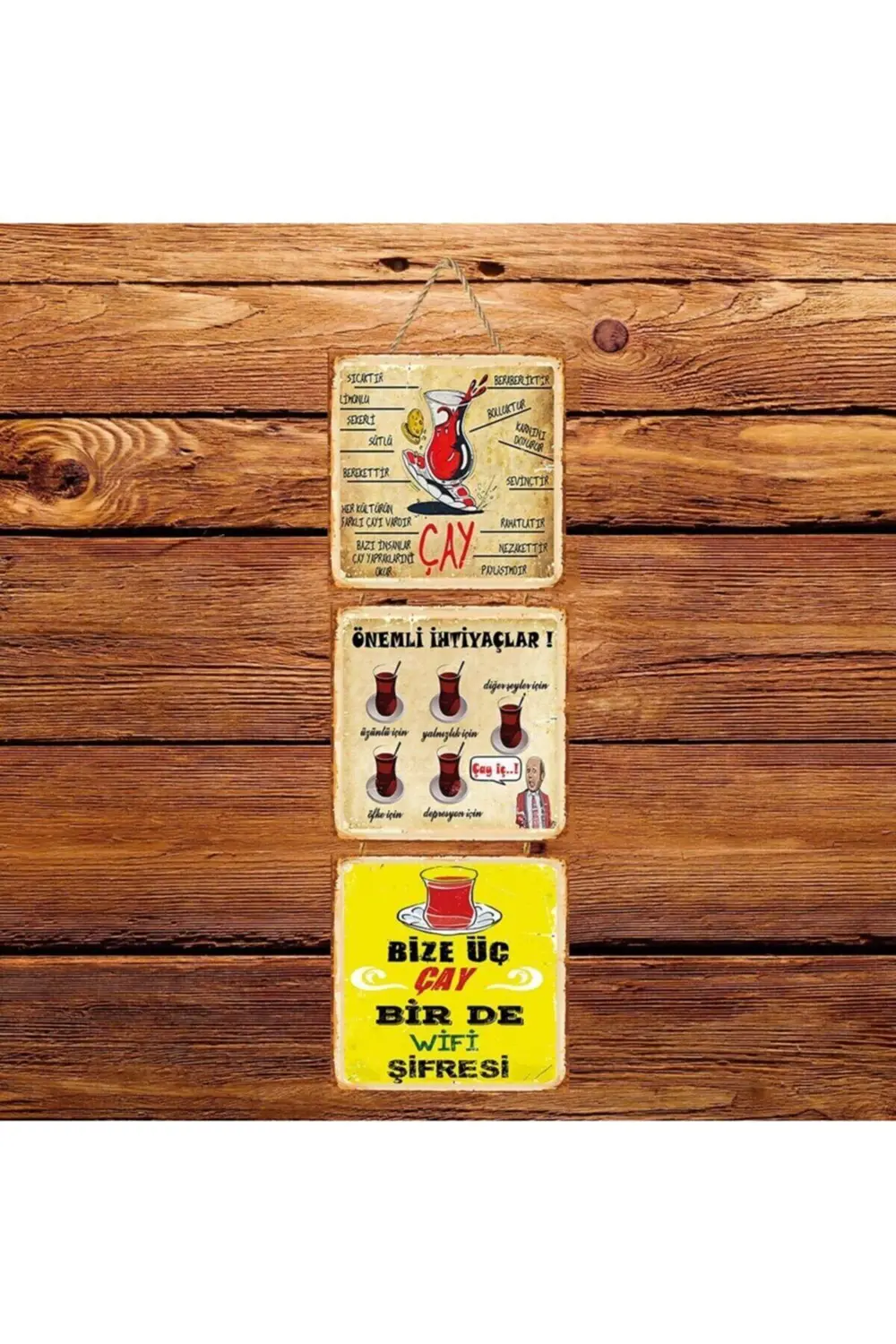 Çay Beraberliktir Üçlü Retro Ahşap Poster