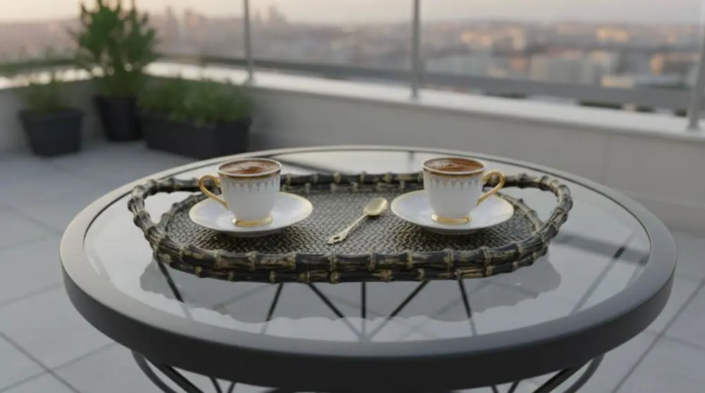 Çay Sunum Tepsisi Hasır Görünümlü Şık Polyester Tepsi Çay Sunum Tepsisi Hasır Görünümlü Şık Polyester Tepsi