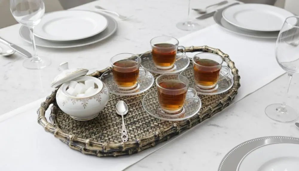 Çay Sunum Tepsisi Hasır Görünümlü Şık Polyester Tepsi Çay Sunum Tepsisi Hasır Görünümlü Şık Polyester Tepsi